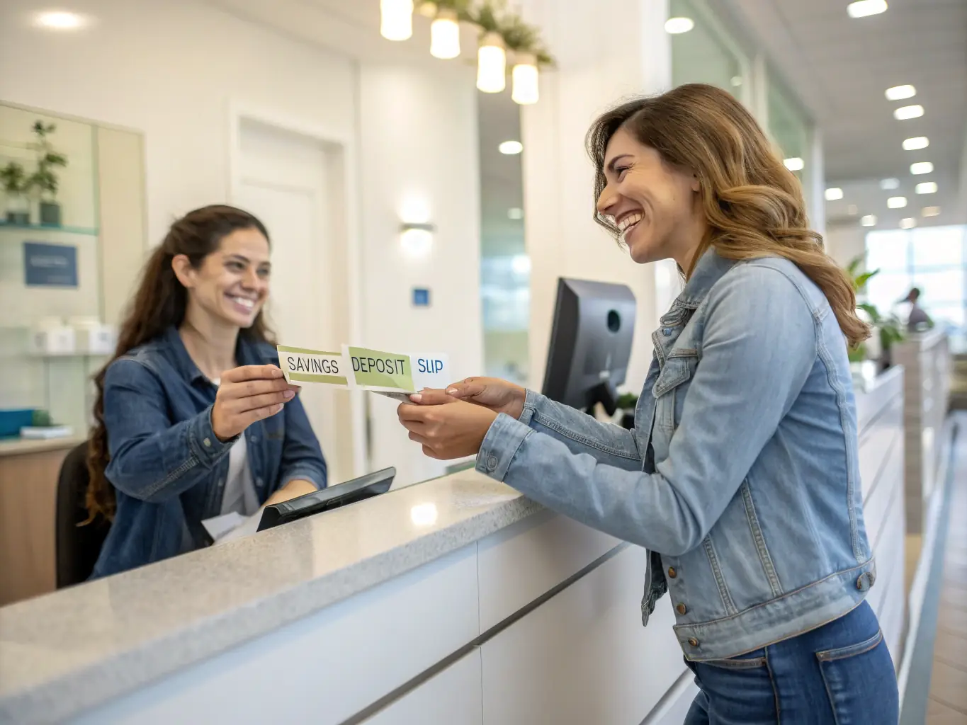 A person depositing money into a savings account at a bank, emphasizing the growth and security aspects of saving.