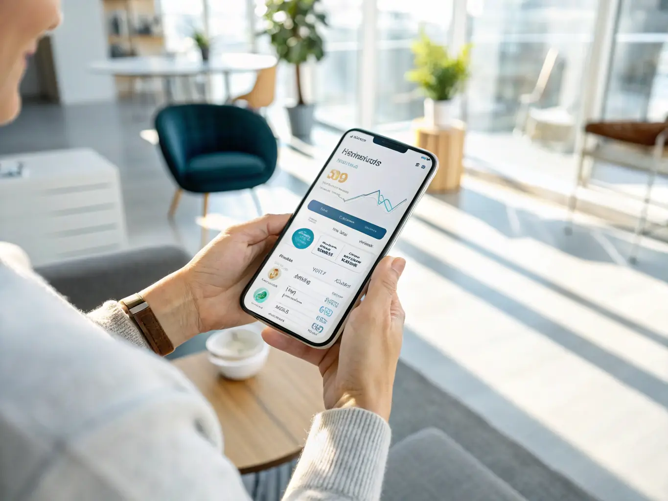 A person using a mobile banking app to check their checking account balance, with a focus on the convenience and accessibility of managing funds.