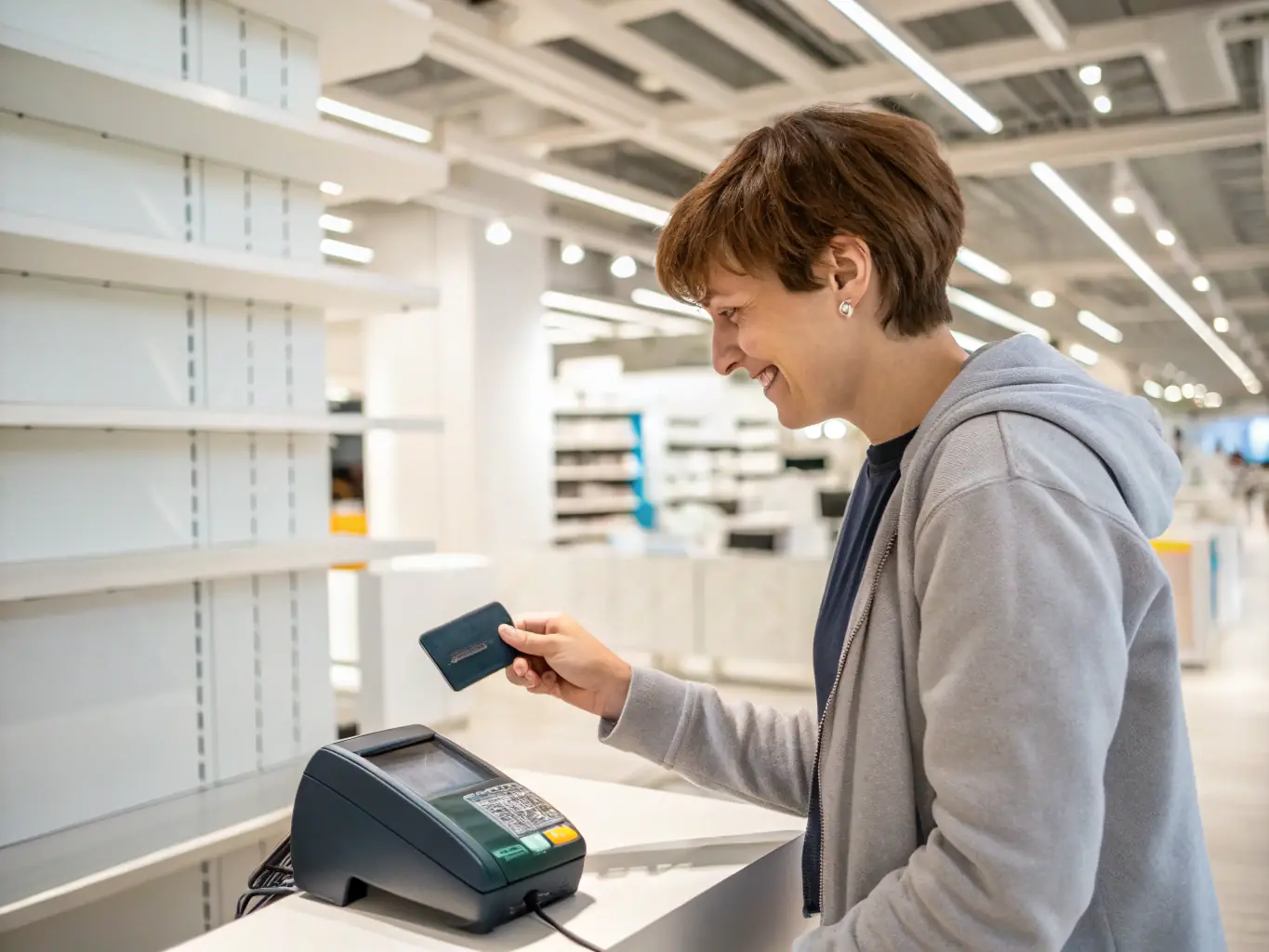 A person using a debit card at a point-of-sale terminal, highlighting the convenience and direct access to funds.